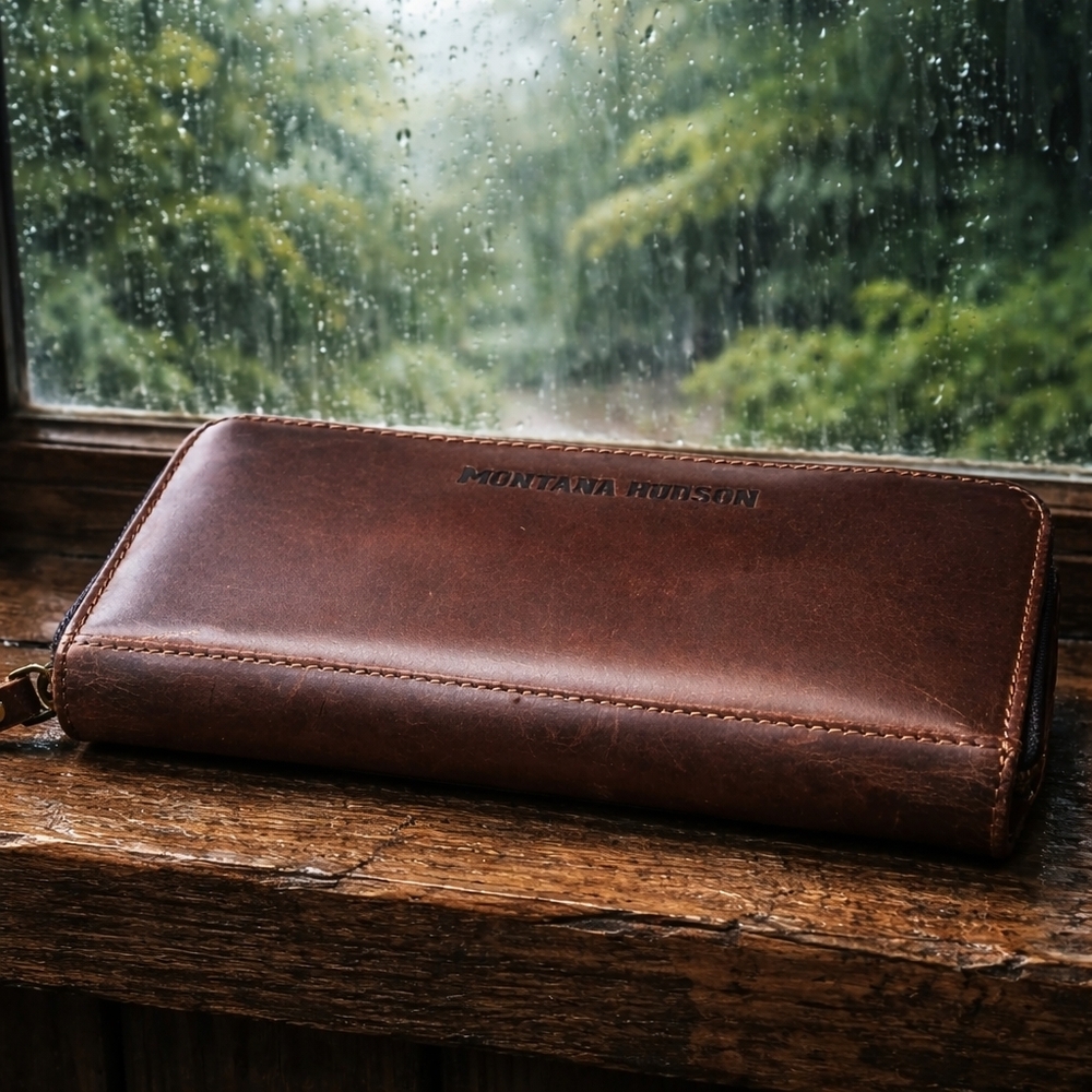 Montana Hudson Womens Brown Rustic Leather Zip-Around Wrist Wallet